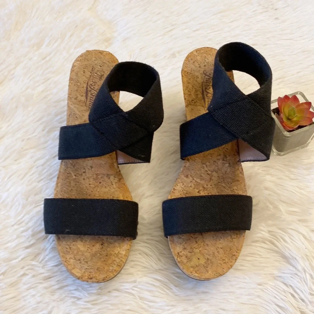 LUCKY BRAND | Marinah Black stretch wedge sandals heels women’s 9 - Picture 4 of 9
